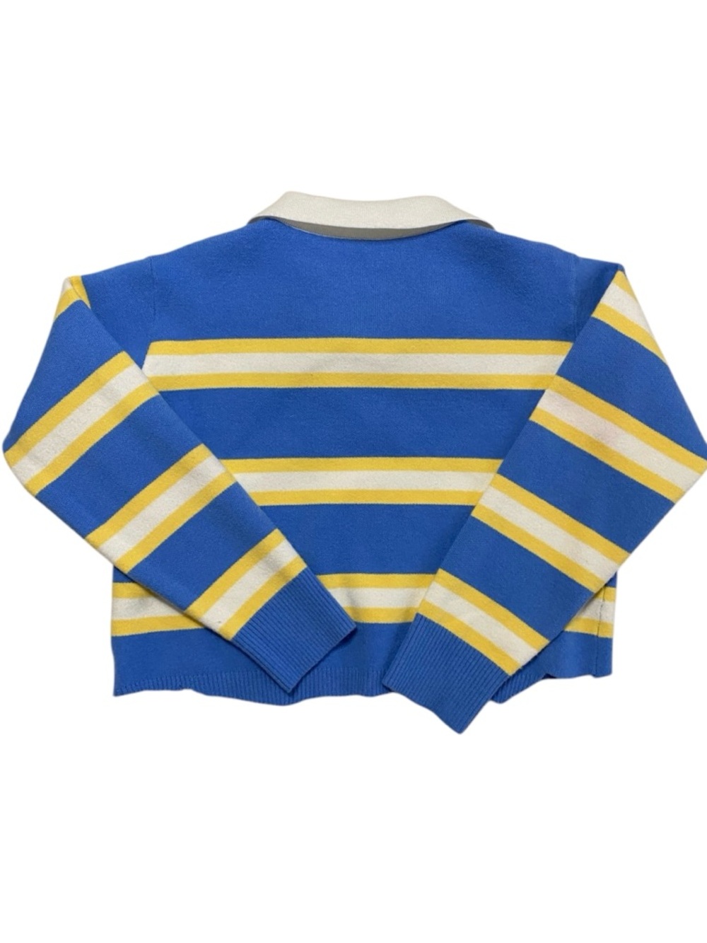 Woman’s Striped Crop Polo Top in Blue & Yellow SZ Medium - Picture 2 of 8